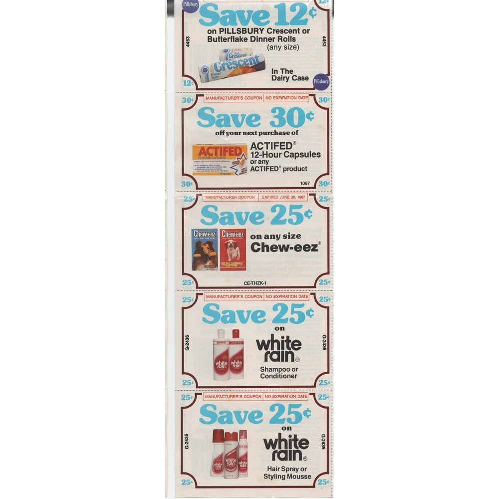 Vtg 1986-87 Coupon Strip Pillsbury Actifed Cheweez White Rain No Expiration Date - Picture 1 of 2